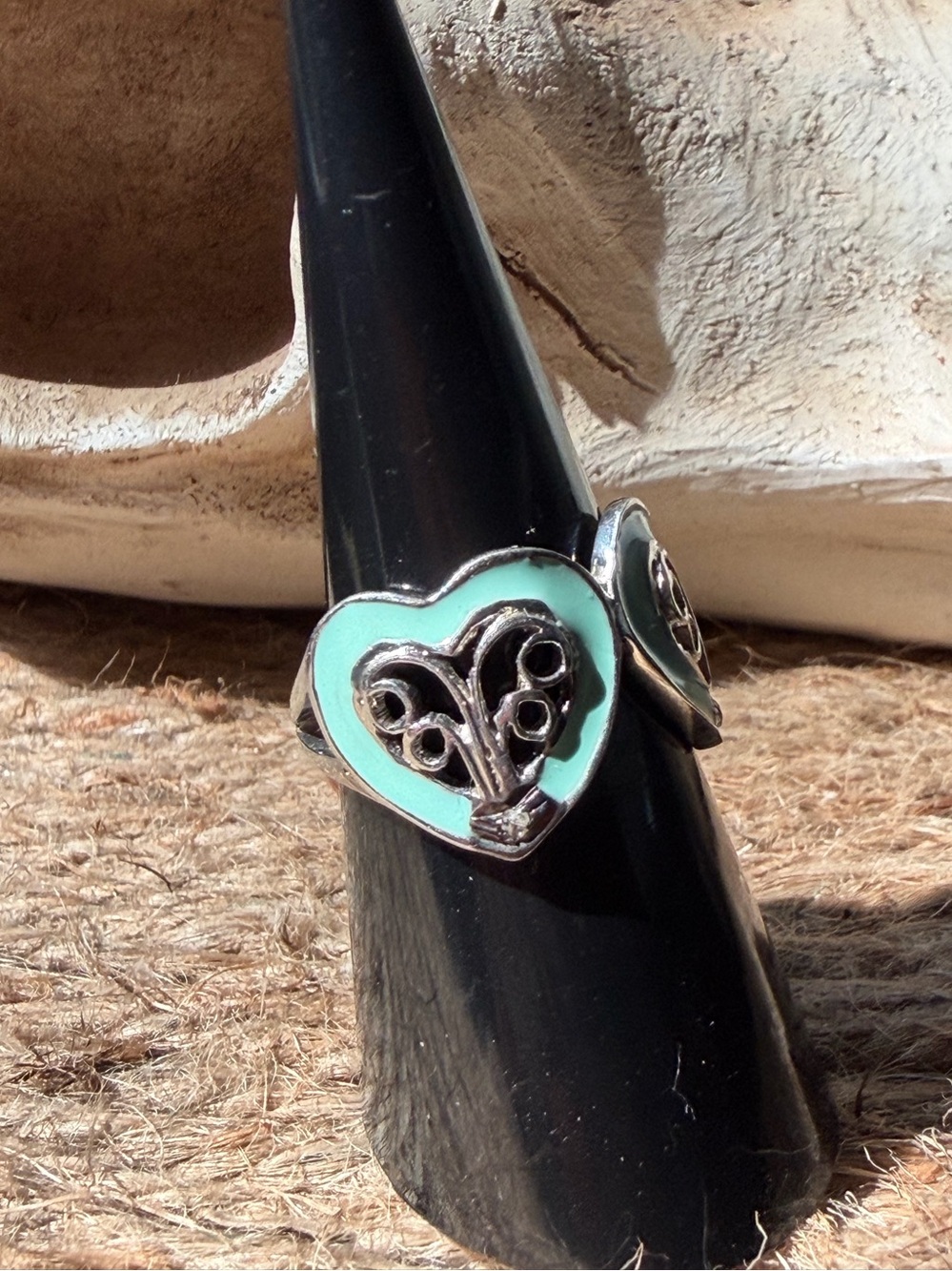 Heart Tree Motif Sterling Silver Ring with Mint Enamel and genuine diamond